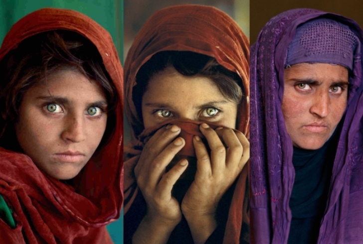 Sharbat Gula a 12 anni, quando divenne un'icona mondiale, e da adulta, segnata da una vita senza pace (dalla mostra Icons Sharbat Gula a 12 anni, quando divenne un'icona mondiale, e da adulta, segnata da una vita senza pace (dalla mostra Icons